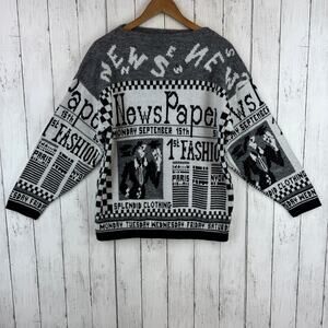 VTG Seafarer Gray Black Newspaper Allover Print Acrylic Sweater USA Size Medium